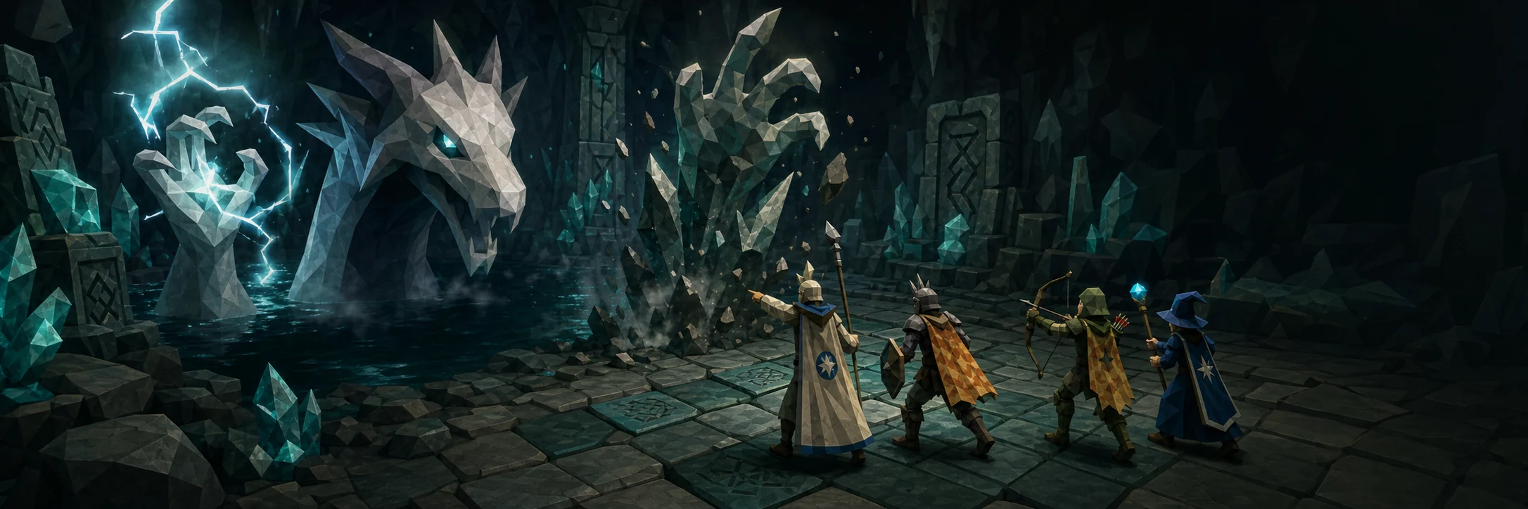 A four-person raid team facing a pale guardian in a crystal cavern