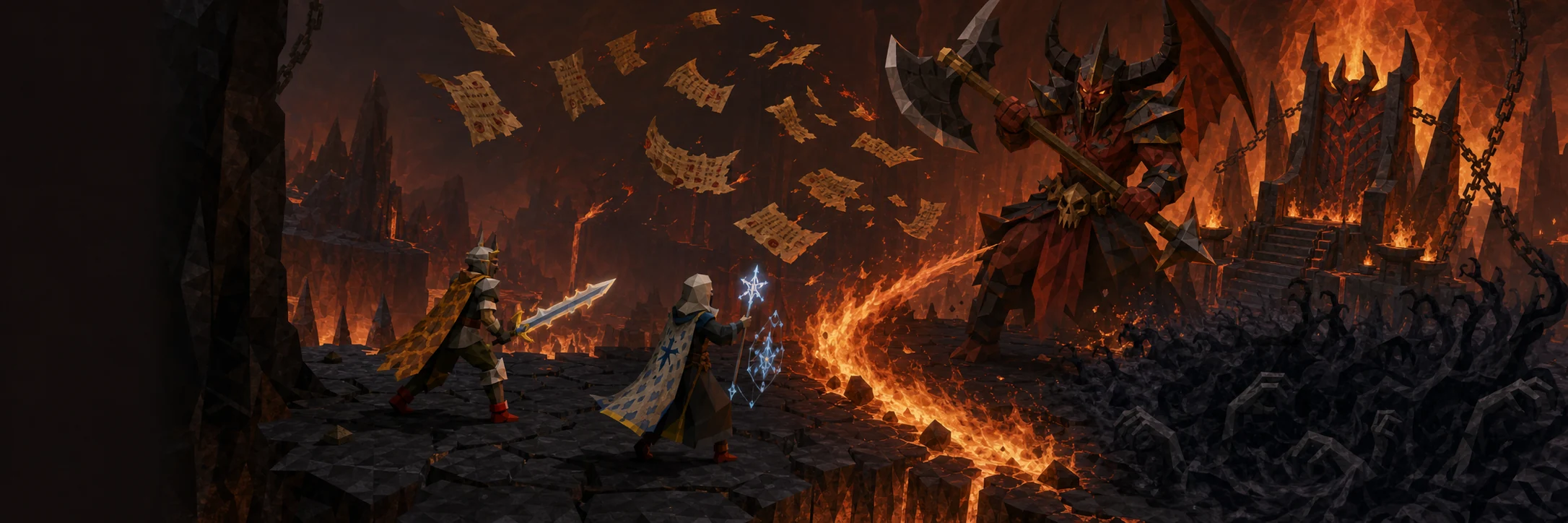 Two adventurers battling a demonic master of pacts in a fiery domain